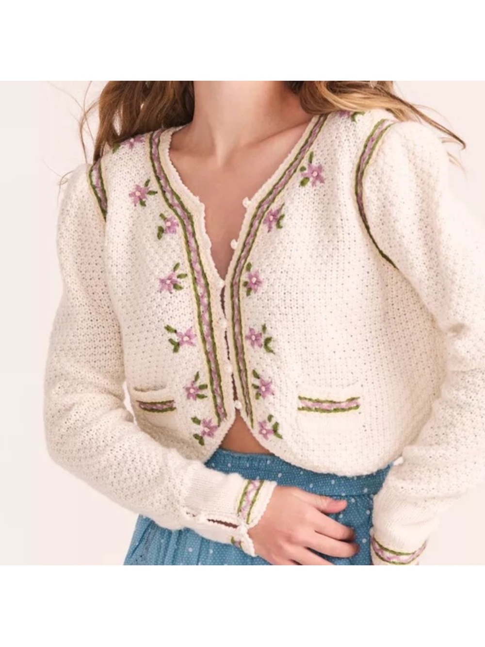 LoveShackFancy Flynn Ivory Floral Embroidered V-Neck Cropped Cardigan Size XL